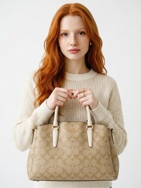 Coach Tan Signature Canvas Satchel with Cream Trim
